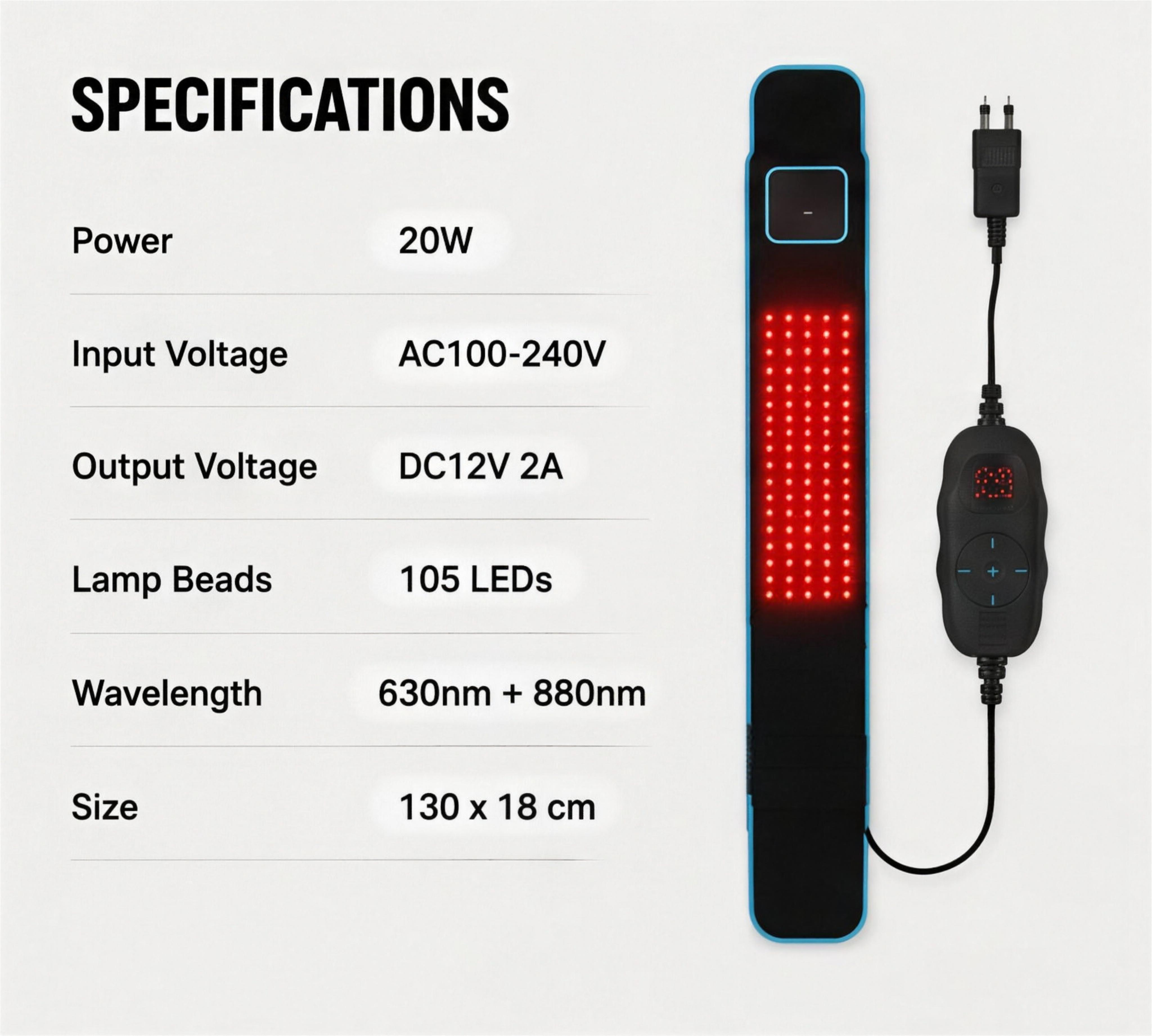 Reviara Light Therapy Belt - Specifications 630nm 880nm 105 LEDs